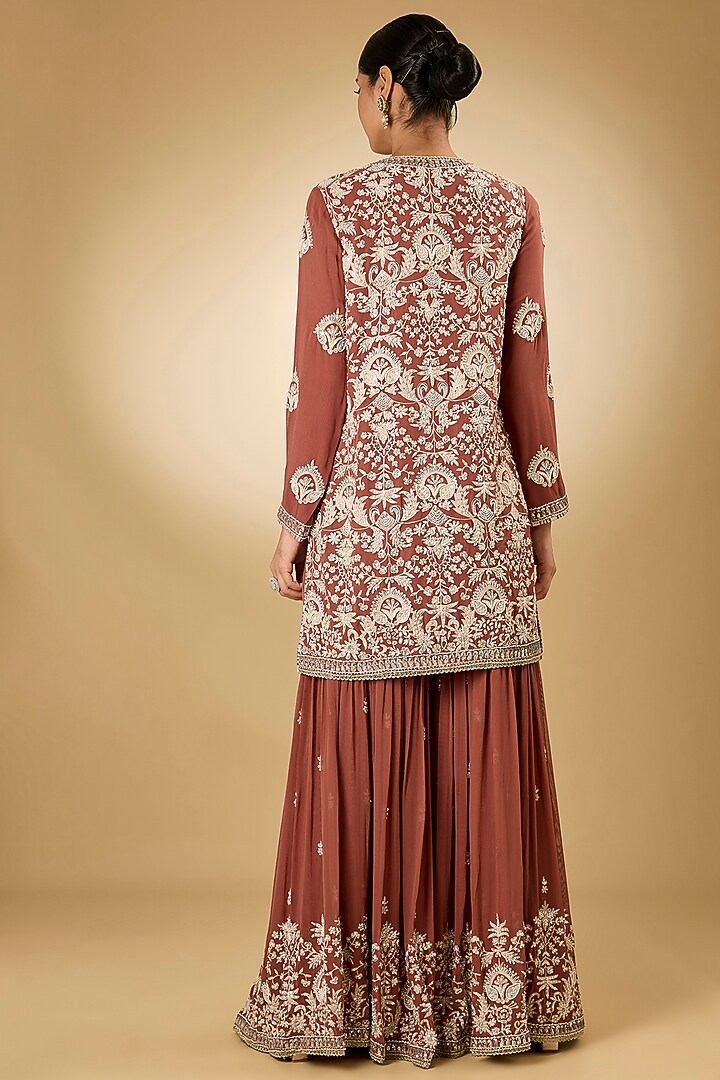 Rust Georgette Aari Resham Embroidered Gharara Set by Desho couture at Pernia's Pop Up Shop