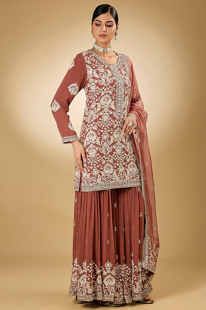 Rust Georgette Aari Resham Embroidered Gharara Set by Desho couture at Pernia's Pop Up Shop