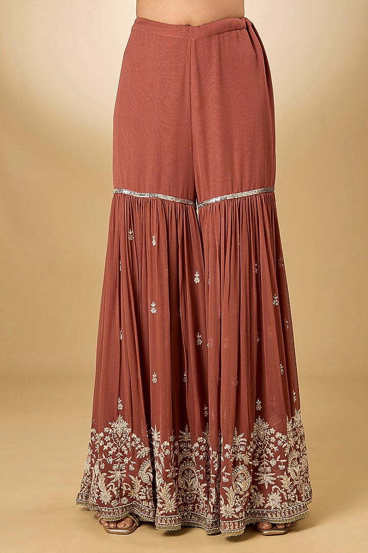 Rust Georgette Aari Resham Embroidered Gharara Set by Desho couture at Pernia's Pop Up Shop
