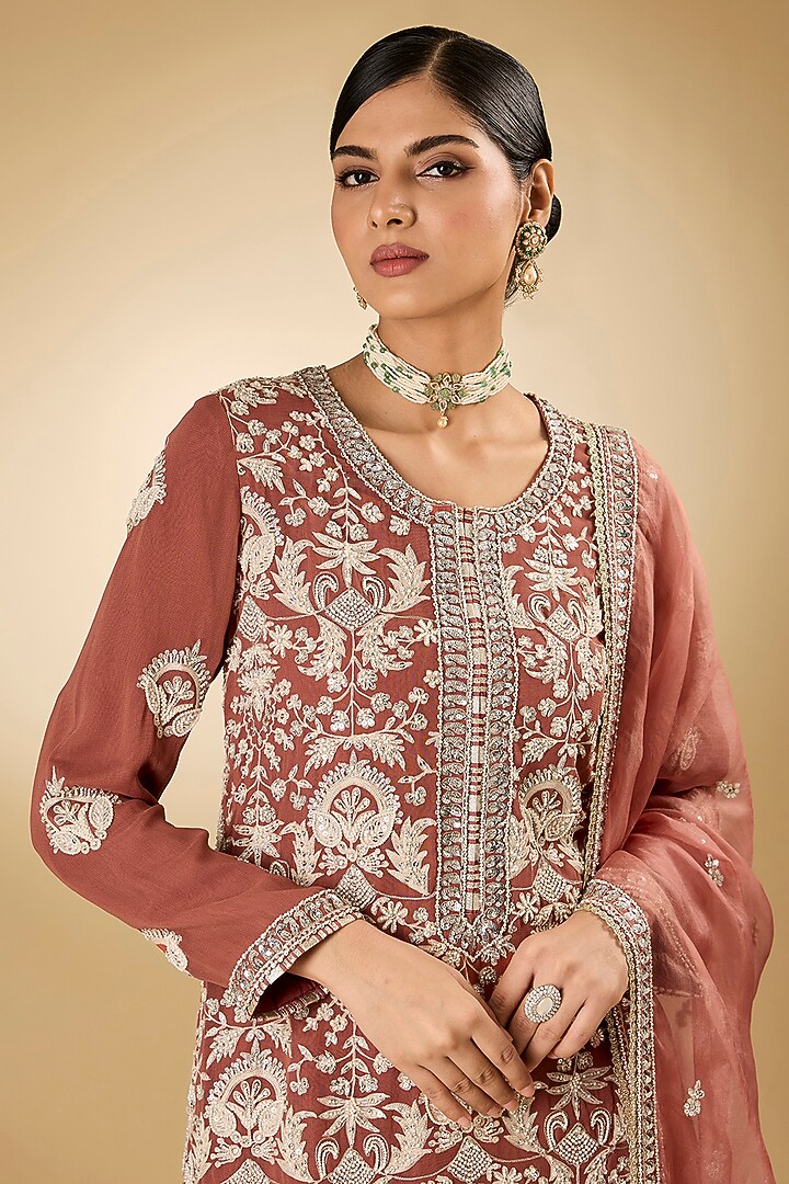 Rust Georgette Aari Resham Embroidered Gharara Set by Desho couture at Pernia's Pop Up Shop