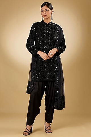 Black Georgette Aari Resham Embroidered Short Kurta Set by Desho couture