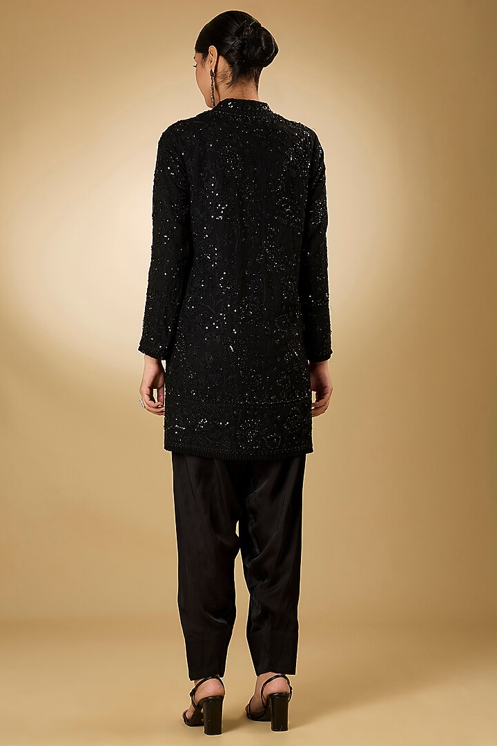 Black Georgette Aari Resham Embroidered Short Kurta Set by Desho couture at Pernia's Pop Up Shop