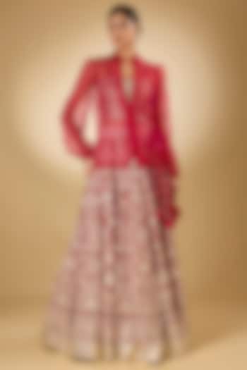 Pink Georgette Aari Resham Embroidered Bridal Lehenga Set by Desho couture at Pernia's Pop Up Shop