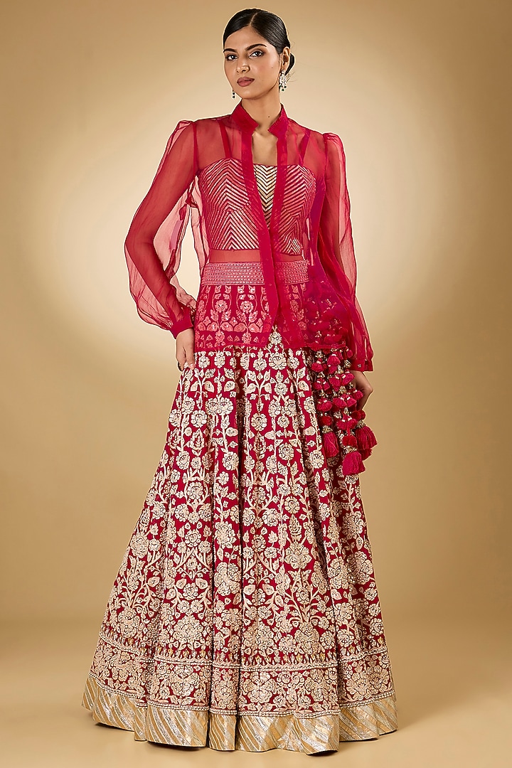 Pink Georgette Aari Resham Embroidered Bridal Lehenga Set by Desho couture at Pernia's Pop Up Shop