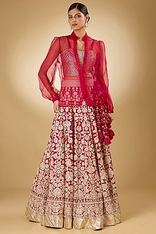 Pink Georgette Aari Resham Embroidered Lehenga Set by Desho couture