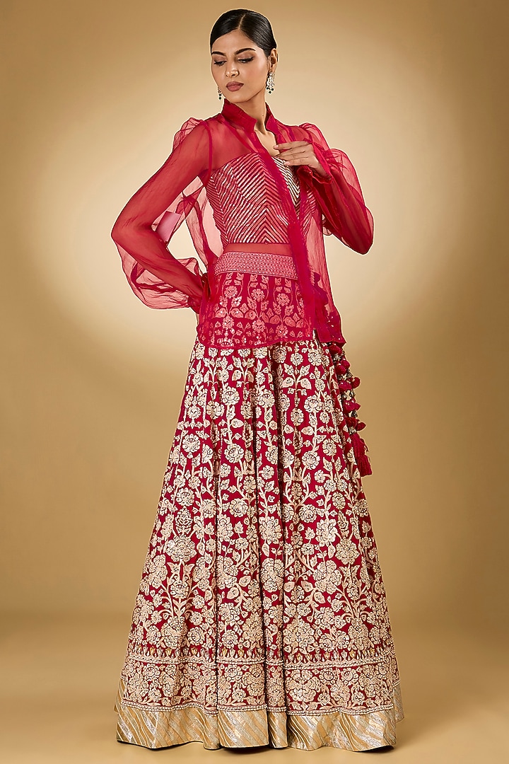 Pink Georgette Aari Resham Embroidered Bridal Lehenga Set by Desho couture at Pernia's Pop Up Shop