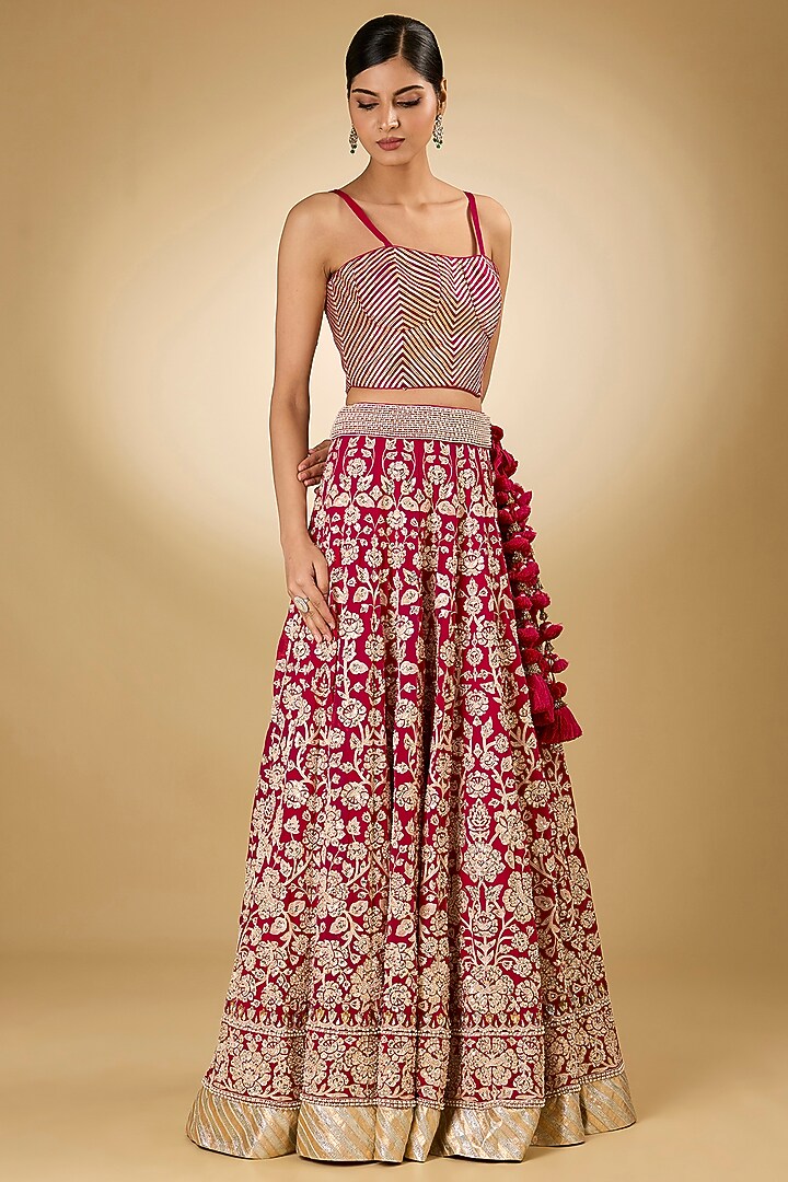 Pink Georgette Aari Resham Embroidered Bridal Lehenga Set by Desho couture at Pernia's Pop Up Shop