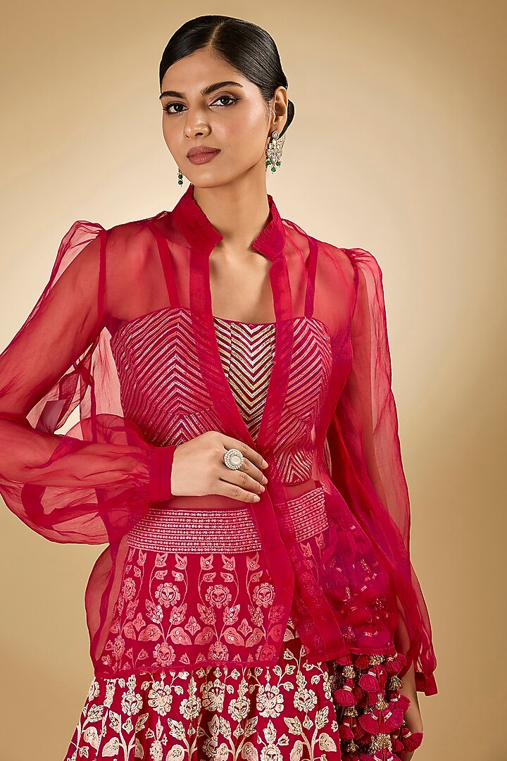 Pink Georgette Aari Resham Embroidered Bridal Lehenga Set by Desho couture at Pernia's Pop Up Shop