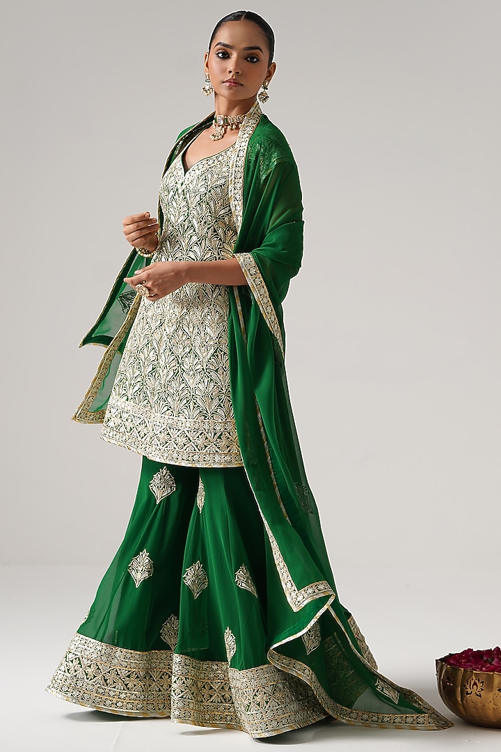 Green Georgette Gota Embroidered Wedding Sharara Set by Desho couture at Pernia's Pop Up Shop
