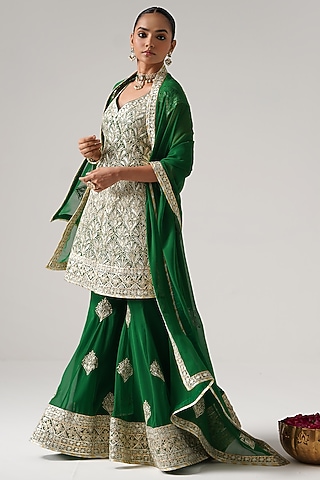 Green Georgette Gota Embroidered Sharara Set by Desho couture
