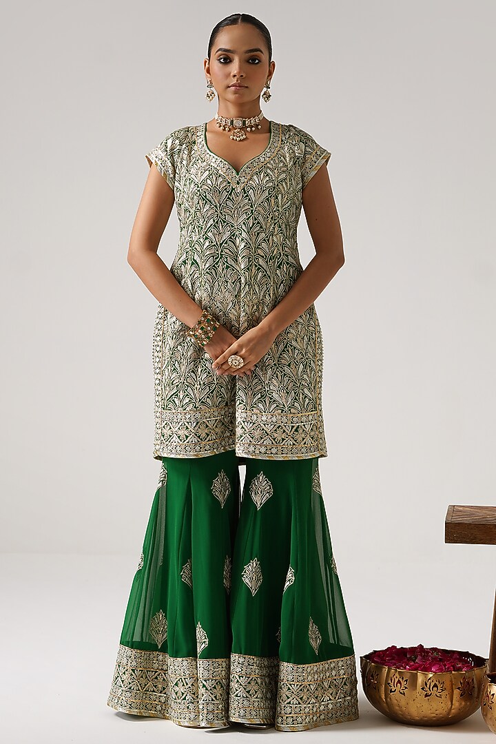 Green Georgette Gota Embroidered Wedding Sharara Set by Desho couture at Pernia's Pop Up Shop