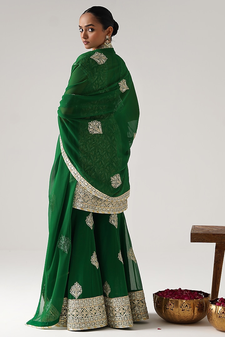 Green Georgette Gota Embroidered Wedding Sharara Set by Desho couture at Pernia's Pop Up Shop