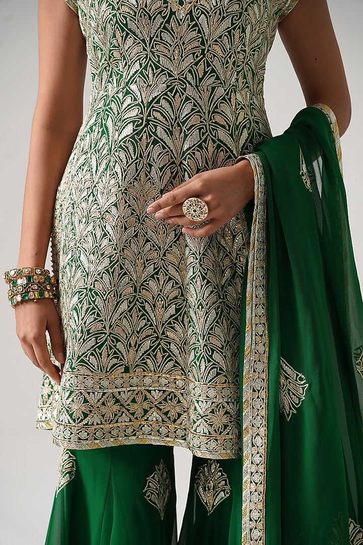 Green Georgette Gota Embroidered Wedding Sharara Set by Desho couture at Pernia's Pop Up Shop