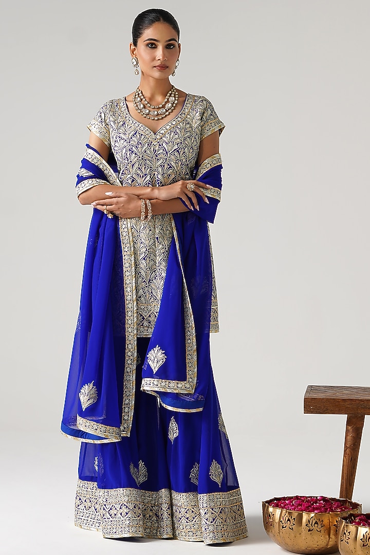 Blue Georgette Gota Embroidered Wedding Sharara Set by Desho couture at Pernia's Pop Up Shop