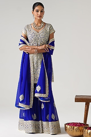 Blue Georgette Gota Embroidered Sharara Set by Desho couture