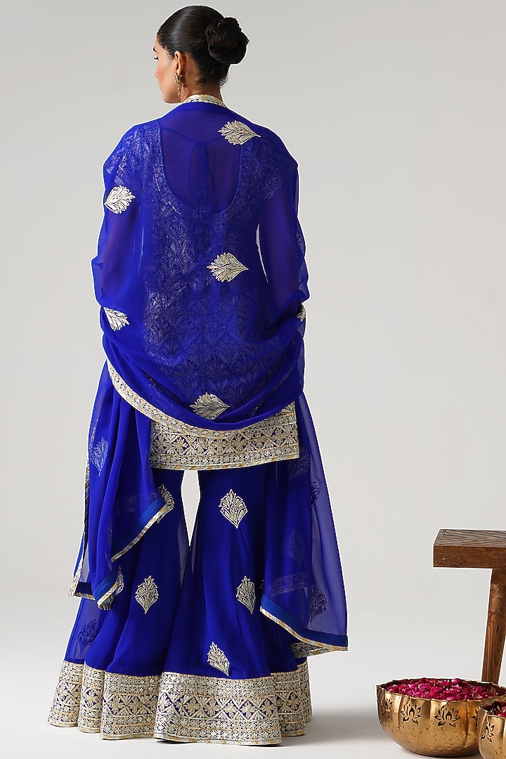 Blue Georgette Gota Embroidered Wedding Sharara Set by Desho couture at Pernia's Pop Up Shop