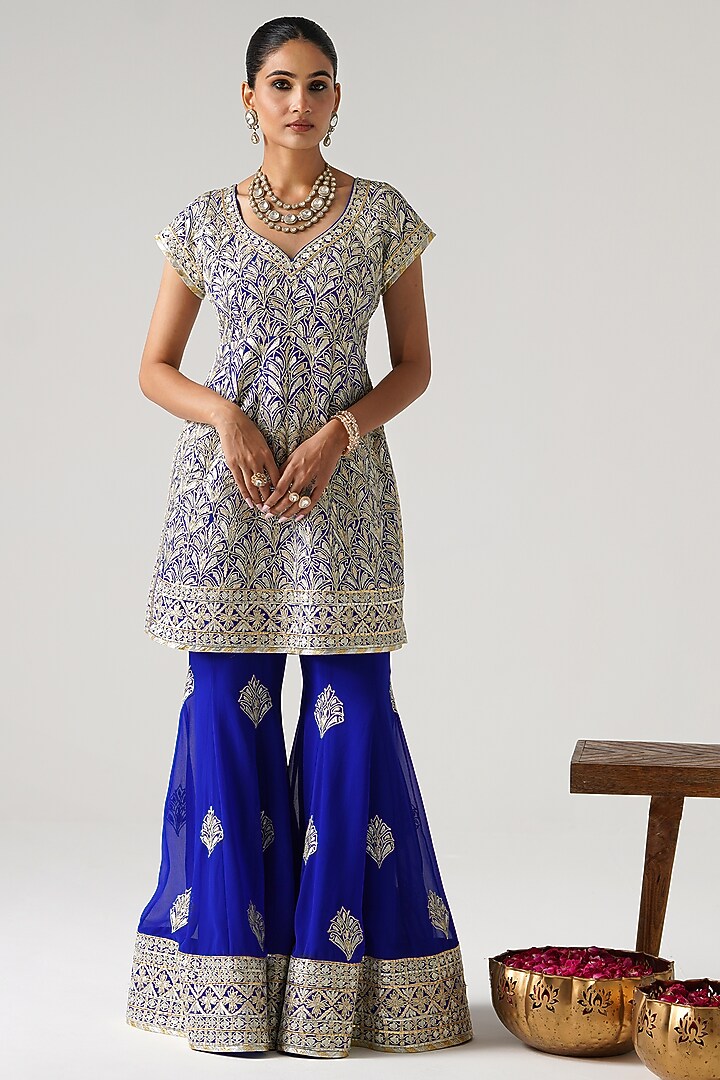 Blue Georgette Gota Embroidered Wedding Sharara Set by Desho couture at Pernia's Pop Up Shop