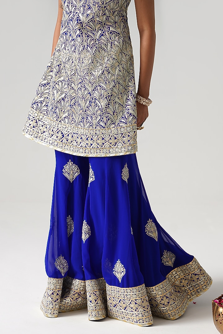 Blue Georgette Gota Embroidered Wedding Sharara Set by Desho couture at Pernia's Pop Up Shop