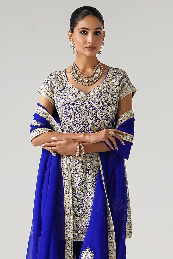 Blue Georgette Gota Embroidered Wedding Sharara Set by Desho couture at Pernia's Pop Up Shop