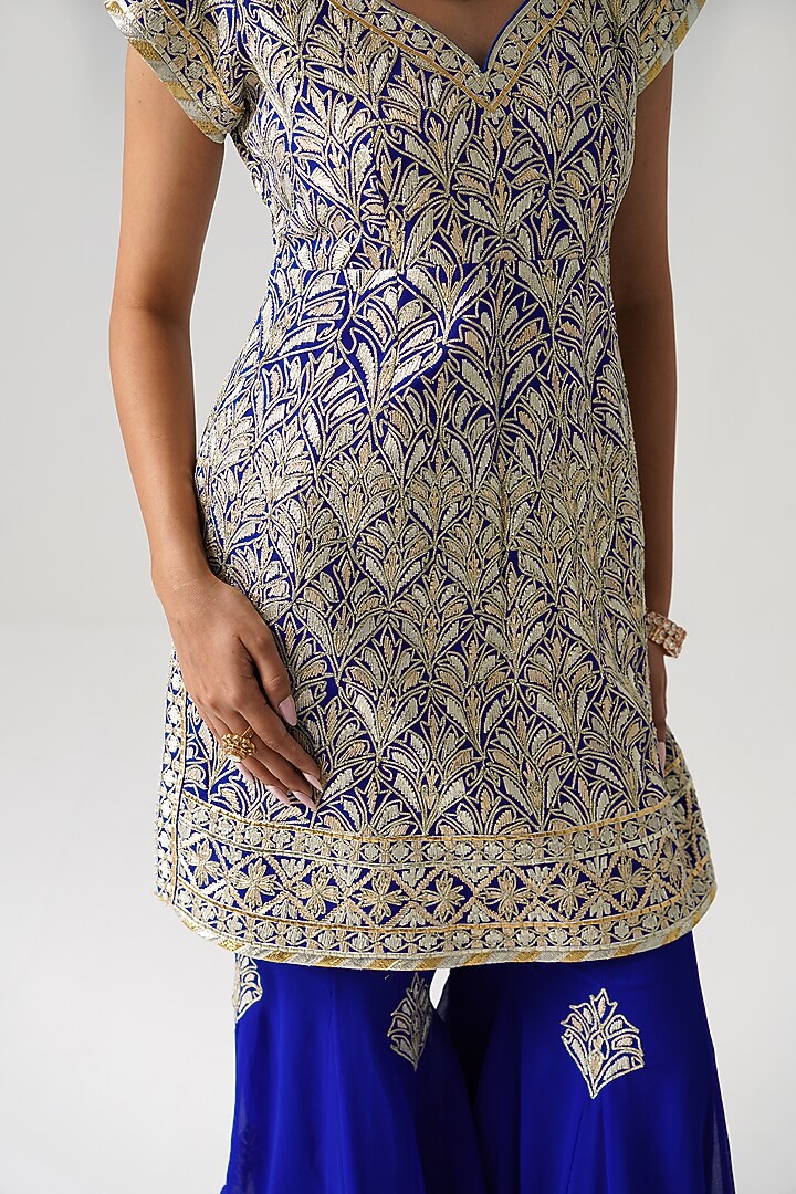 Blue Georgette Gota Embroidered Wedding Sharara Set by Desho couture at Pernia's Pop Up Shop