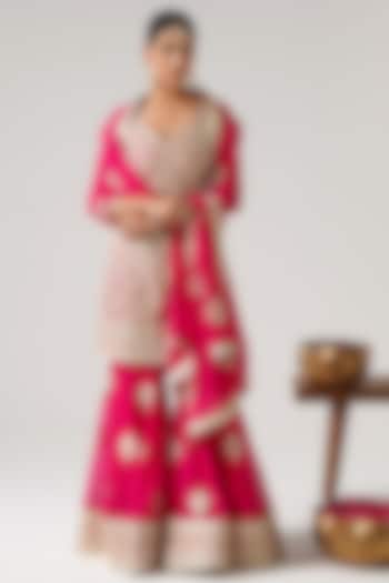 Pink Georgette Gota Embroidered Wedding Sharara Set by Desho couture at Pernia's Pop Up Shop