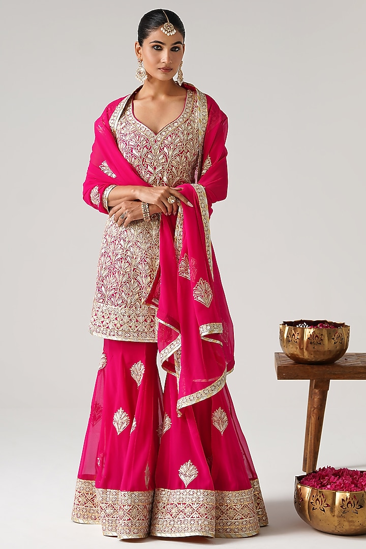 Pink Georgette Gota Embroidered Wedding Sharara Set by Desho couture at Pernia's Pop Up Shop