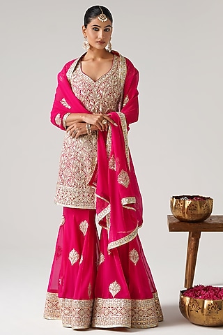 Pink Georgette Gota Embroidered Sharara Set by Desho couture