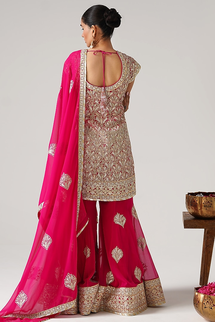 Pink Georgette Gota Embroidered Wedding Sharara Set by Desho couture at Pernia's Pop Up Shop
