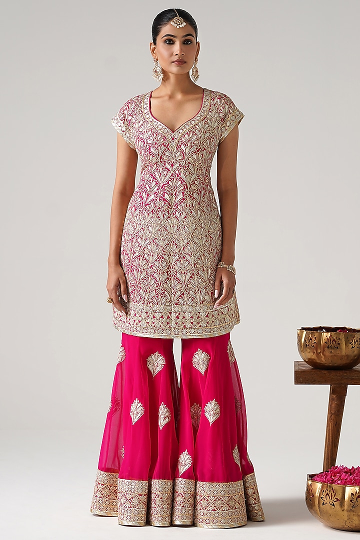 Pink Georgette Gota Embroidered Wedding Sharara Set by Desho couture at Pernia's Pop Up Shop