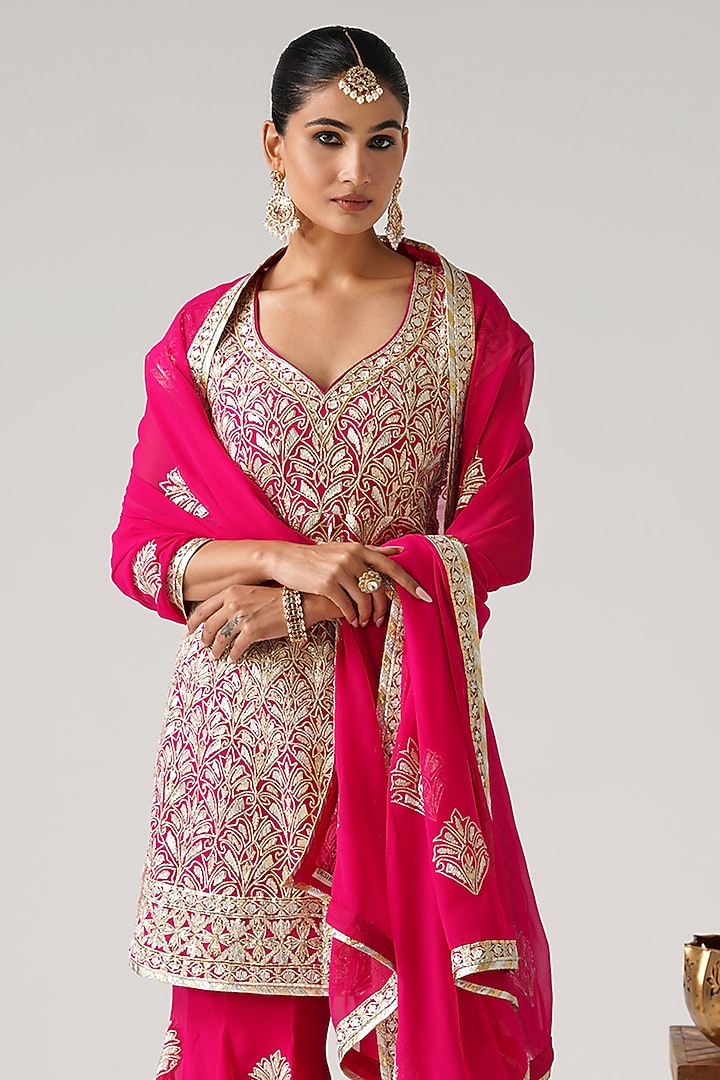 Pink Georgette Gota Embroidered Wedding Sharara Set by Desho couture at Pernia's Pop Up Shop