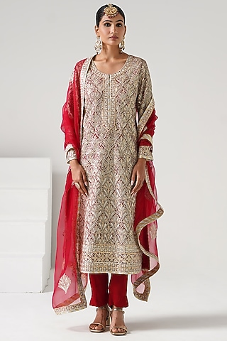 Red Georgette Embroidered Long Kurta Set by Desho couture
