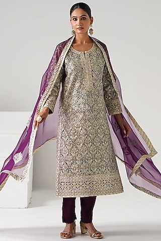 Purple Georgette Embroidered Long Kurta Set by Desho couture