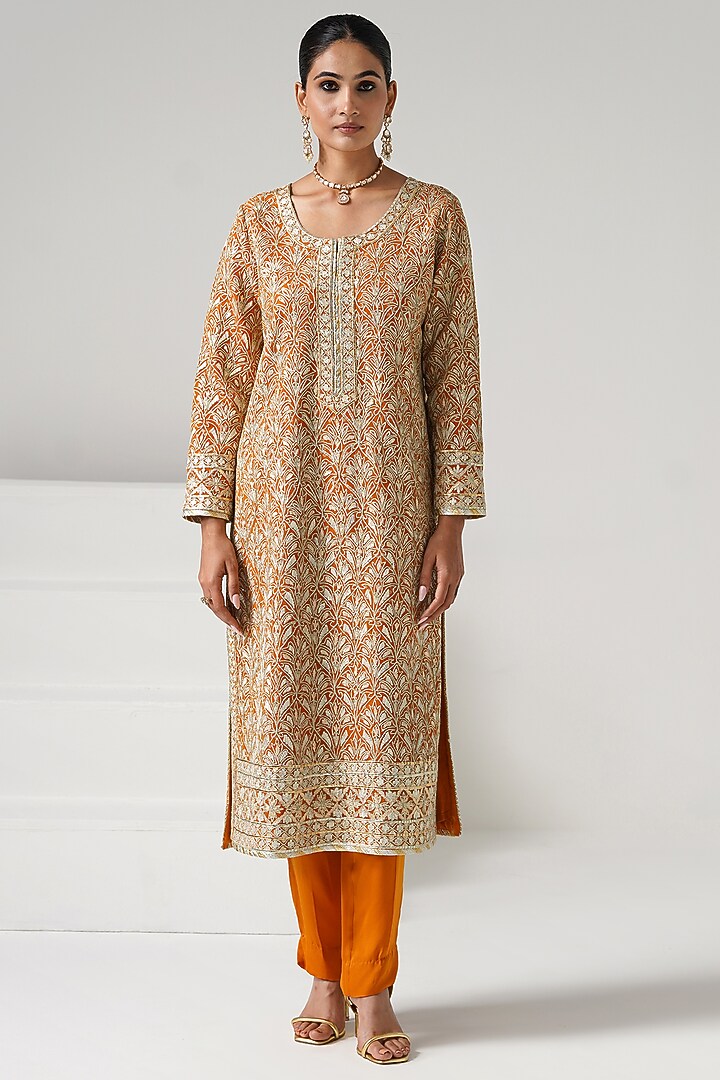 Yellow Georgette Embroidered Long Kurta Set by Desho couture at Pernia's Pop Up Shop