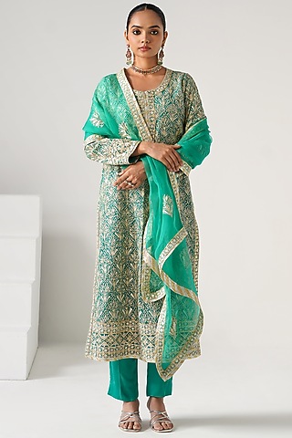Aqua Georgette Embroidered Long Kurta Set by Desho couture