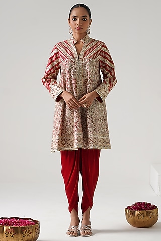 Red Georgette Gota Work Anarkali Set by Desho couture