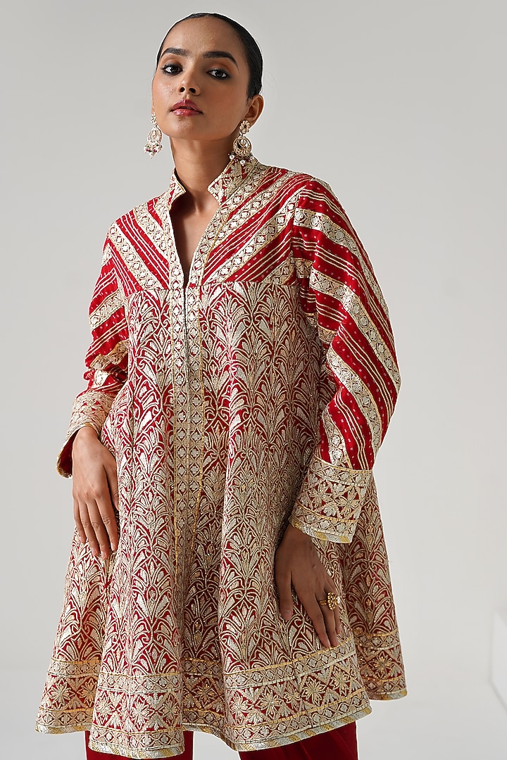 Red Georgette Gota Work Wedding Anarkali Set by Desho couture at Pernia's Pop Up Shop
