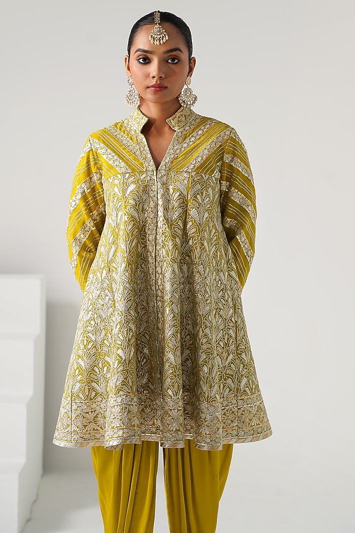 Yellow Georgette Gota Work Wedding Anarkali Set by Desho couture at Pernia's Pop Up Shop