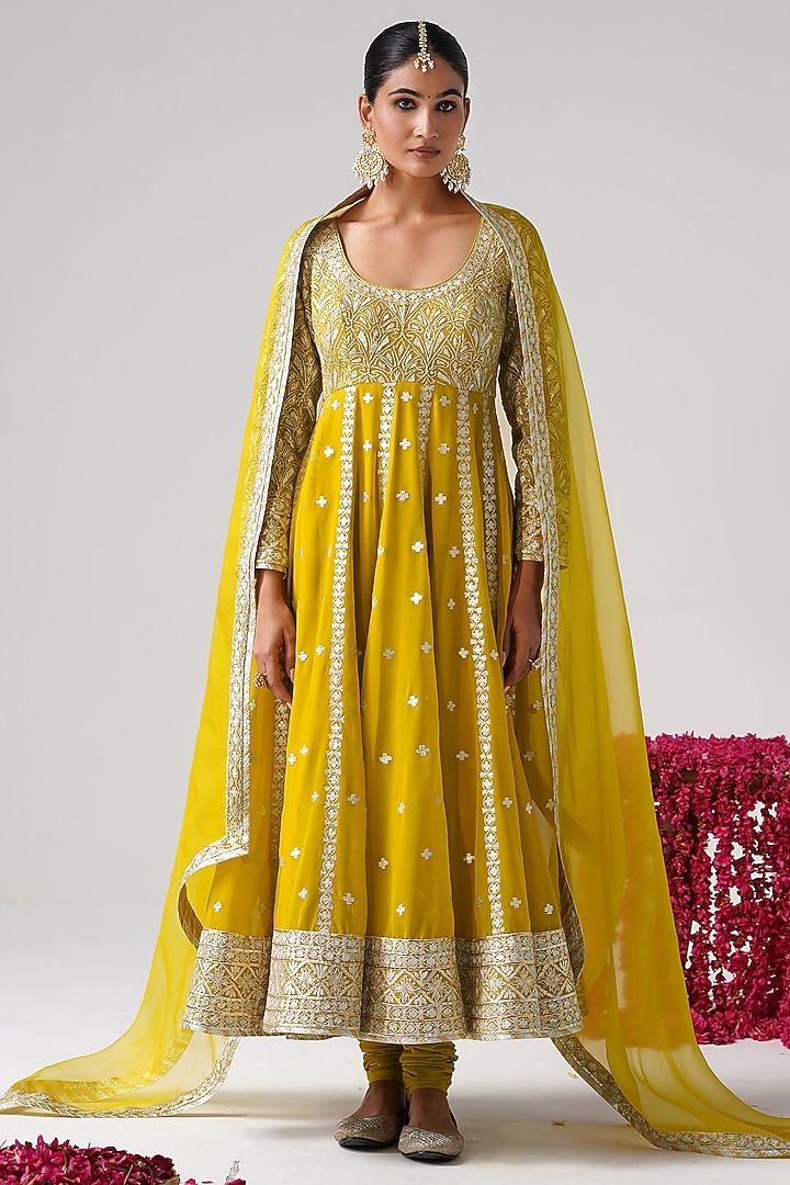 Yellow Georgette Gota Work Kalidar Wedding Anarkali Set by Desho couture at Pernia's Pop Up Shop