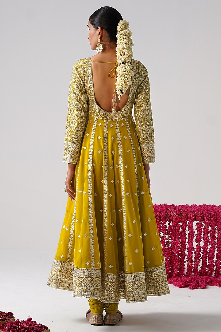 Yellow Georgette Gota Work Kalidar Wedding Anarkali Set by Desho couture at Pernia's Pop Up Shop
