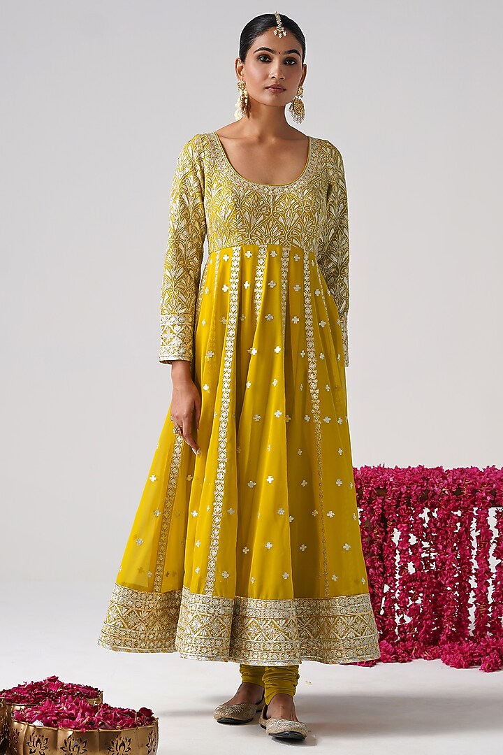 Yellow Georgette Gota Work Kalidar Wedding Anarkali Set by Desho couture at Pernia's Pop Up Shop