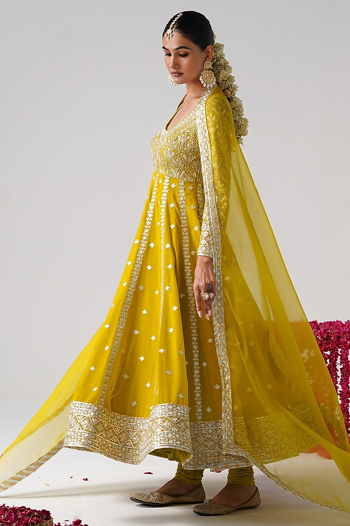 Yellow Georgette Gota Work Kalidar Wedding Anarkali Set by Desho couture at Pernia's Pop Up Shop