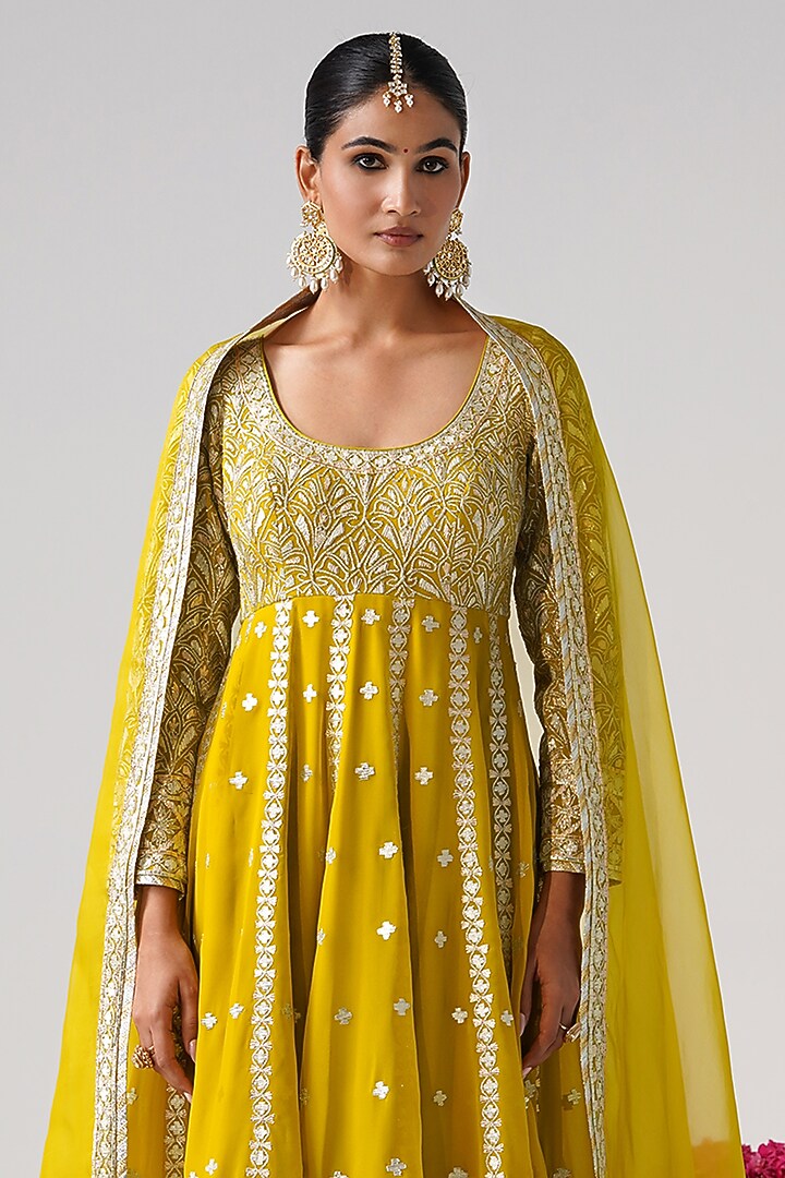 Yellow Georgette Gota Work Kalidar Wedding Anarkali Set by Desho couture at Pernia's Pop Up Shop