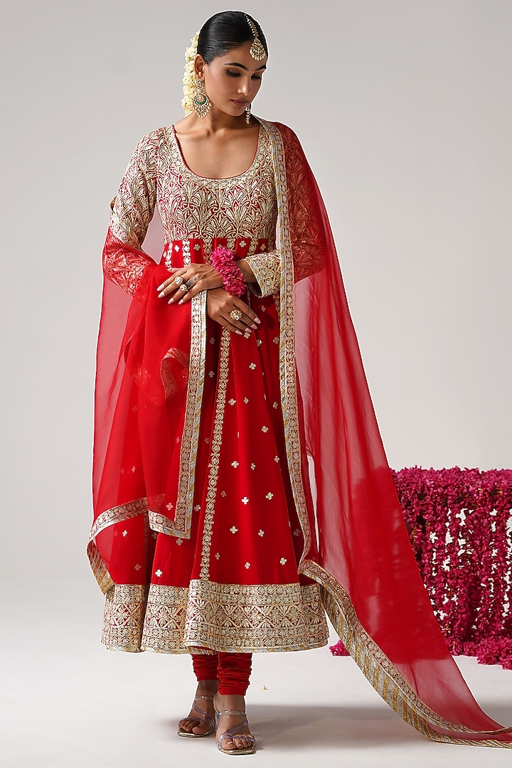 Red Georgette Gota Work Kalidar Wedding Anarkali Set by Desho couture at Pernia's Pop Up Shop
