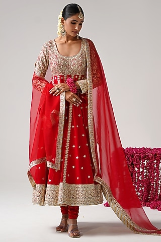 Red Georgette Gota Work Kalidar Anarkali Set by Desho couture