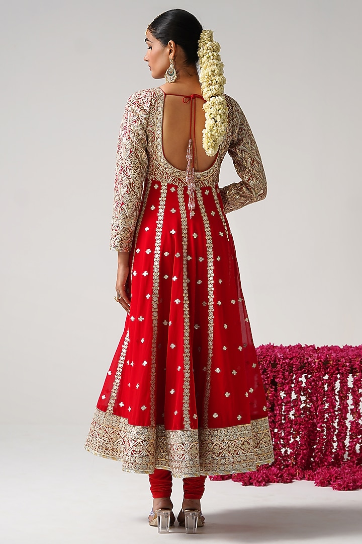 Red Georgette Gota Work Kalidar Wedding Anarkali Set by Desho couture at Pernia's Pop Up Shop