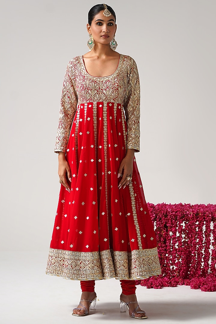 Red Georgette Gota Work Kalidar Wedding Anarkali Set by Desho couture at Pernia's Pop Up Shop