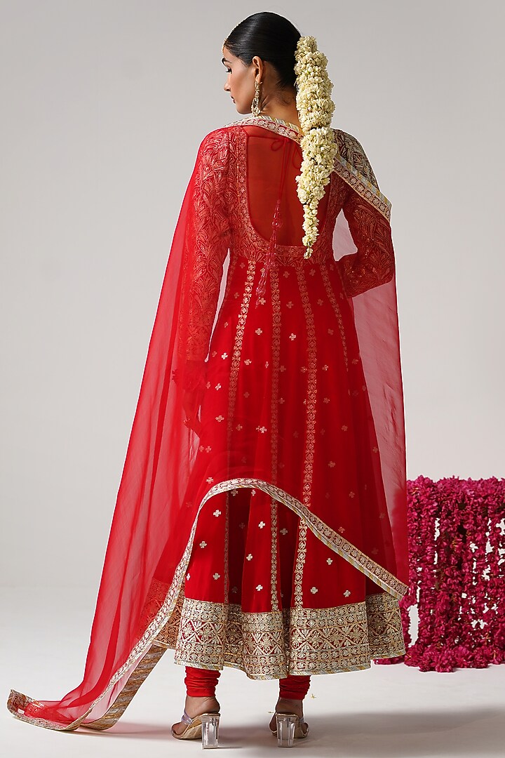 Red Georgette Gota Work Kalidar Wedding Anarkali Set by Desho couture at Pernia's Pop Up Shop