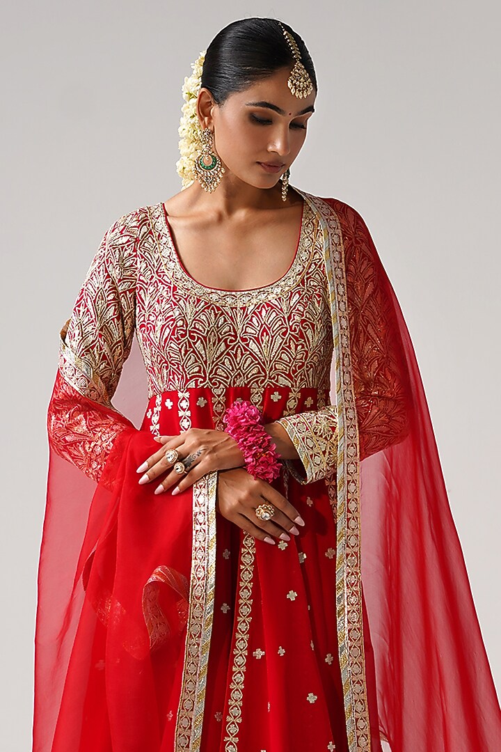 Red Georgette Gota Work Kalidar Wedding Anarkali Set by Desho couture at Pernia's Pop Up Shop