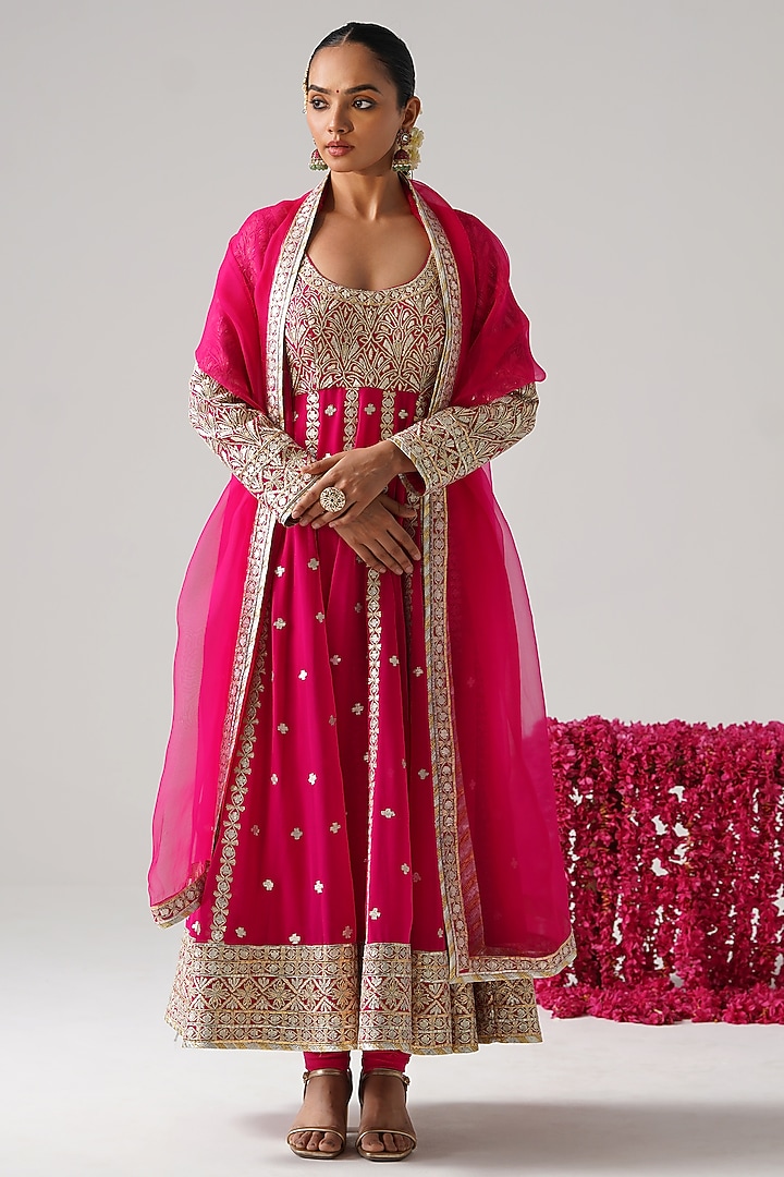 Pink Georgette Gota Work Kalidar Wedding Anarkali Set by Desho couture at Pernia's Pop Up Shop
