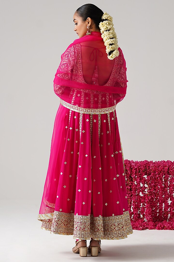 Pink Georgette Gota Work Kalidar Wedding Anarkali Set by Desho couture at Pernia's Pop Up Shop